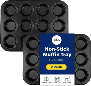 Non-Stick Muffin Trays 2 Pack Premium Muffin Tins 12-Cup (35cm x 26cm x 4cm) for Cupcakes, Yorkshire Puddings & Desserts