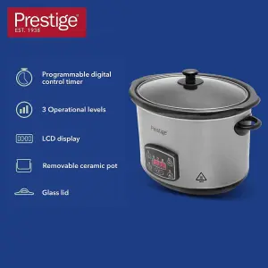 Prestige Silver Stainless Steel Programmable Digital Slow Cooker with Timer Small 5.5L