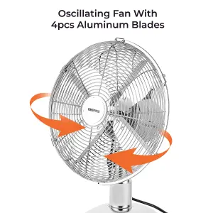 Geepas 12inch Chrome Metal Desk Fan Electric Fan 3 Speed Oscillating Table Fan