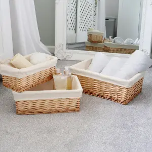 JVL Hand Woven Acacia Set of 3 Rectangular Willow Storage Baskets with Lining, Honey Finish