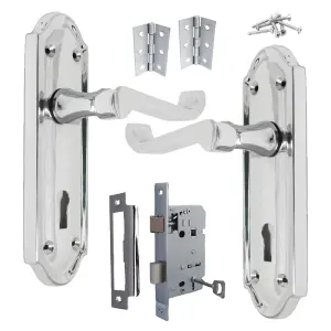 Ashford Door Handle Key Lock Scroll Lever - Chrome Key Lock Hinge Pack