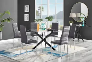 Furniturebox UK Novara Black Leg 120cm Round Glass Dining Table & 6 Grey Velvet Milan Chairs