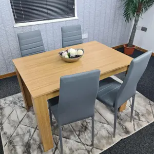 Dining Table and 4 Chairs Oak Effect Wood 4 Grey Leather Chairs Dining Room