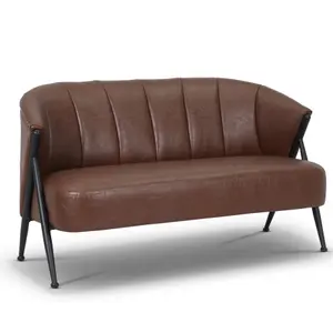 2 Seater Loveseat Small Sofa in Faux Leather Brown Fabric