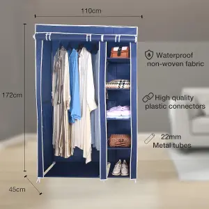 Fabric Canvas Wardrobe Organizer Clothes Rail Shelves Storage Closet Double Tall - Blue