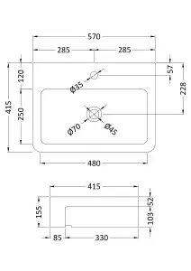 Soft Square Ceramics Semi Recessed 1 Tap Hole Compact Basin (Tap Not Included), 530mm - Balterley