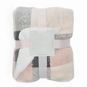 Dreamscene Check Sherpa Flannel Fleece Throw Plush Blanket, 150 x 180 - Blush