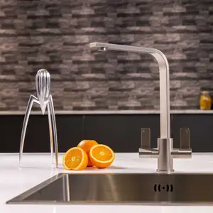 Flode Paddla Dual Lever Kitchen Tap Swan Neck Design Brushed Steel