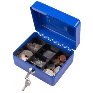 Hardys Metal Cash Box Money Bank Deposit Steel Tin Security Safe Petty Key Lockable - 6" Blue