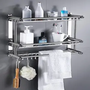 2 Tier Chrome Wall Mounted Stainless Steel Bathroom Shelf Towel Rail with Towel Bar Rod Hooks