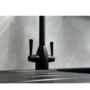 Liquida W05BL Swan Neck Swivel Spout Monobloc Twin Lever Black Kitchen Mixer Tap