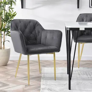 Grey Velvet Soft Padded Dining Chair with Gold Metal Legs