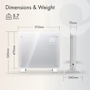 WiFi Smart Electric Glass Panel Heater 500W Wall Mounted Or Free Standing White