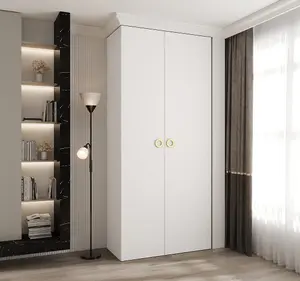 Stylish White Como I Hinged Door Wardrobe H2460mm W1100mm D500mm, Eight Shelves, Hanging Rail, Gold Handles