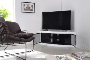 Centurion Supports PANGEA Gloss White Curved Tru-Corner Black Beam-Thru Doors up to 50" TV Cabinet