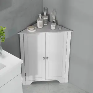 kleankin Corner Bathroom Cabinet, Recessed Doors and Adjustable Shelf, White