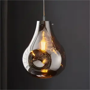 Hanging Ceiling Pendant Light - Large Chrome Metallic Glass & Chrome Plate - 10W LED E27