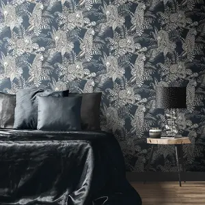 Muriva Blue Wildlife Shimmer effect Embossed Wallpaper