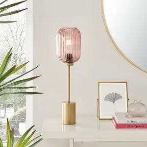 Furniturebox UK Coral Table Lamp With Pink Glass Shade and with a Brass Base