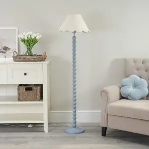 ValueLights Bobbles Powder Blue Bobbin Floor Lamp with Green Trim Scallop Shade - LED Bulb Included