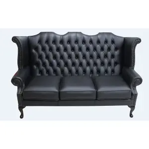 Chesterfield 3 Seater High Back Wing Sofa Shelly Black Leather In Queen Anne Style