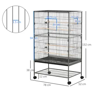 PawHut Large Bird Cage Budgie Cage for Finch Canaries Parakeet with Rolling Stand, Slide-out Tray, Storage Shelf, Dark Grey