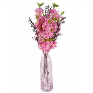 Leaf 100cm Pink Artificial Blossom and Berries Glass Vase