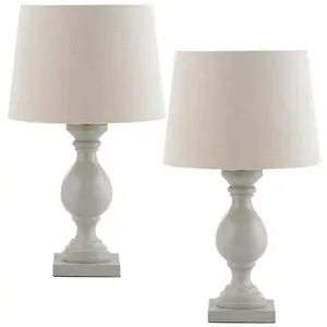 2 PACK Classic Wooden Table Lamp Taupe & Off White Shade Pretty Bedside Light