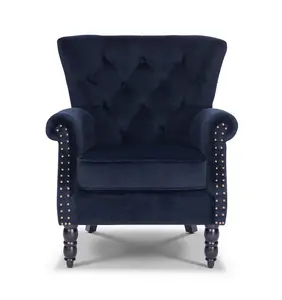 Velvet Navy Blue Liana Accent Wingback Chair