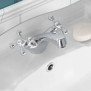 Nes Home Stratford Traditional Basin Cross Head Chrome Mono Mixer Tap + Basin Waste