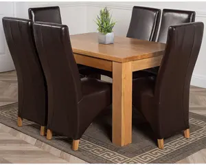 Dakota 152 x 87 cm Chunky Medium Oak Dining Table and 6 Chairs Dining Set with Lola Brown Leather Chairs