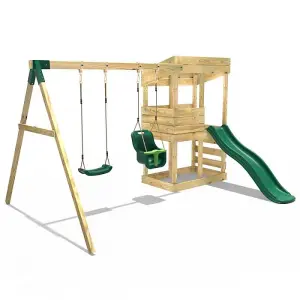 Rebo Wooden Lookout Tower Playhouse with 6ft Slide & Swings - Redwood