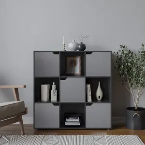 URBNLIVING 9 Cube Black Wooden Bookcase Shelving Display Shelves Storage Unit Wood Shelf Grey Door