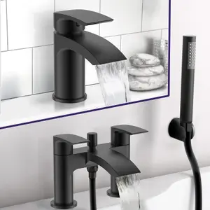 Libra Waterfall Basin Mono Mixer Tap, Bath Shower Mixer Tap & Waste Matte Black