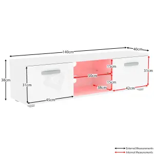 Vida Designs Cosmo White 2 Door LED TV Unit 140cm Sideboard Cabinet