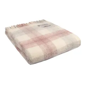 Tweedmill Lifestyle Meadow Check 100% New Wool Blanket/Throw Dusky Pink 150x183cm Made in the UK