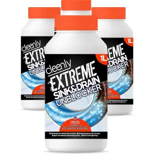 Cleenly Extreme Sink & Drain Cleaner & Unblocker Liquid (4x1 Litre) - Heavy Duty Formula for Bathroom, Kitchen, Drains, and More