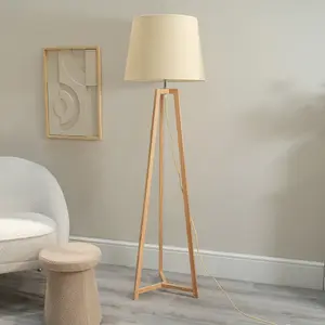 ValueLights Lottie Natural Wood Tripod Floor Lamp with Beige Tapered Shade - LED Bulb Included