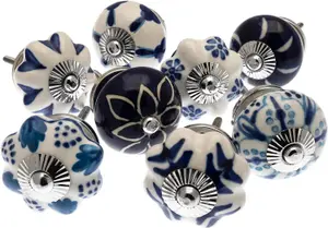 MangoTreeKnobs Hand Painted Door Knobs in Blue and White Set of 8 Drawer Pulls