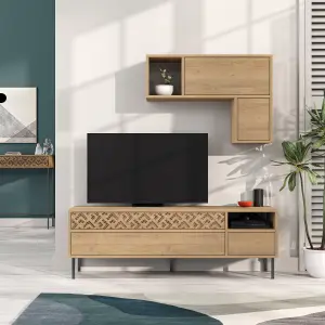 Decortie Heaton Modern TV Unit Oak with Storage and Wall Shelf 144.6cm