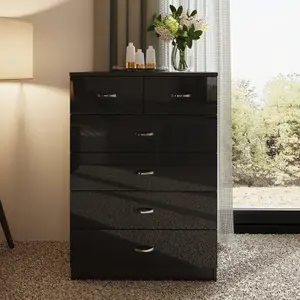 Black Gloss 6 Drawer 4+2 Chest Of Drawers Bedroom Furniture