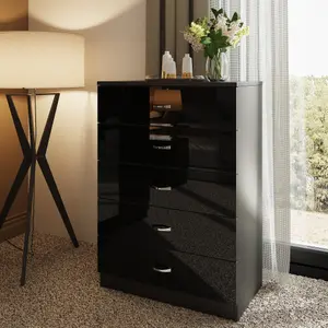 Black Gloss 5 Drawer Chest Of Drawers Bedroom Furniture