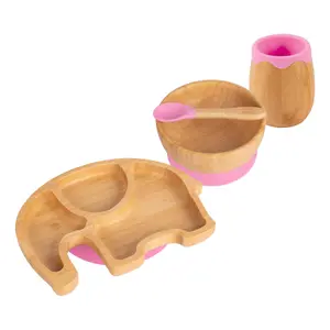 Tiny Dining - Elephant Bamboo Suction Baby Feeding Set - Pink - 4pc