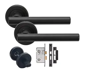 Straight T-Bar Design Matt Black Finish Door Handles On Rose Bathroom Mortise Lock Thumbturn  Bathroom Set - GG