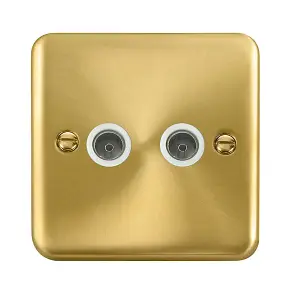 Curved Satin / Brushed Brass 2 Gang Twin Coaxial TV Socket - White Trim - SE Home