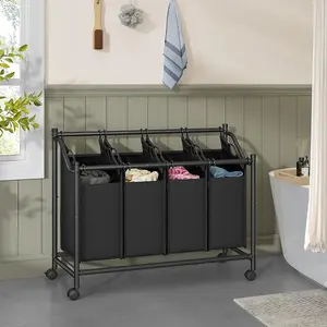 SONGMICS Laundry Basket on Wheels, 4 Removable Sorting Bags, Laundry Trolley, Hamper for Bedroom, Bathroom, Laundry, Ink Black