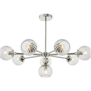 Multi Arm Hanging Ceiling Pendant Light - Bright Nickel Plate & Clear Spiral Glass - 8 X 7W LED E14