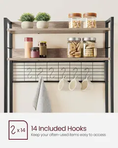 VASAGLE Kitchen Baker's Rack with Built-in Power Outlet, Coffee Station, Hooks, Shelf, Wire Panel, Greige and Ink Black