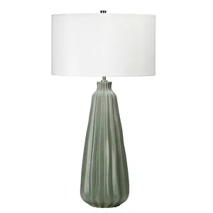 Table Lamp Sage Green Ceramic White Faux Silk Cylinder Shade LED E27 60W