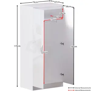 Vida Designs Hulio White High Gloss 2 Door Wardrobe (H)1700mm (W)760mm (D)470mm